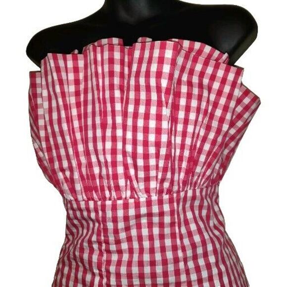 7th Ave New York & Co GINGHAM RED WHITE Halter Style Top FUNKY Checkered Sz L - Picture 2 of 15